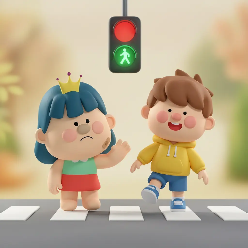 AR 화면 속 횡단보도에 초록불이 켜진 순간, 노란 선 앞에서 한 발 멈춘 어린이의 발끝과 신호등 클로즈업