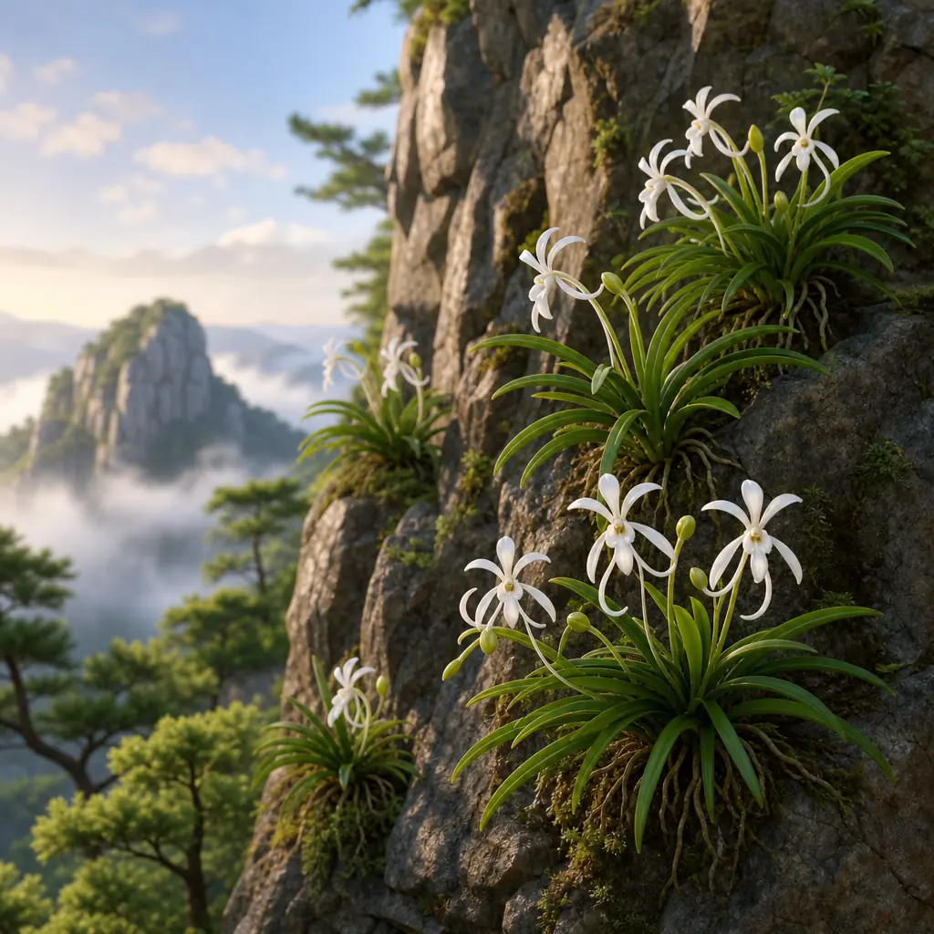AR scéna — Didi objevuje ohroženou skalní orchidej na skalní stěně a sklání se, aby si přivoněla