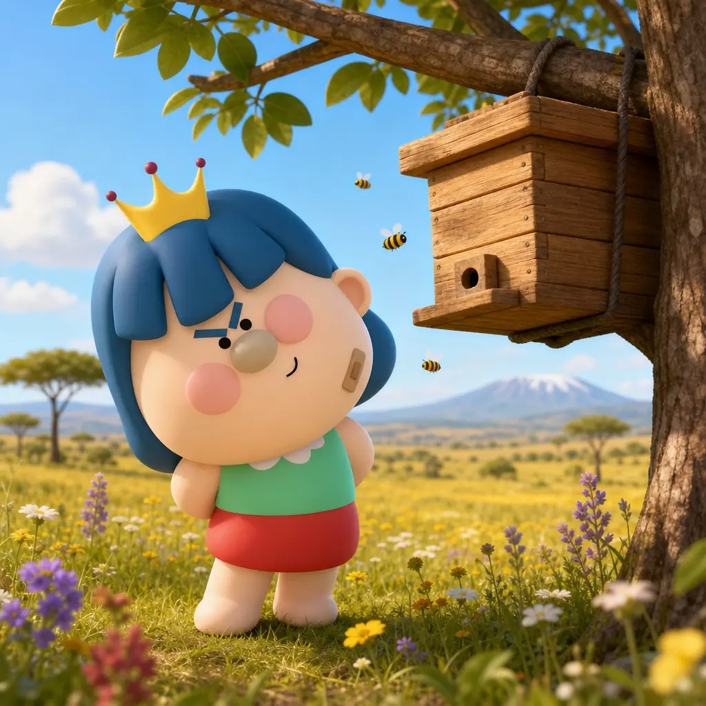 Vorstellungsszene, in der Didi neugierig auf den hölzernen Bienenstock schaut, den Eunices Papa im Hof aufgehängt hat