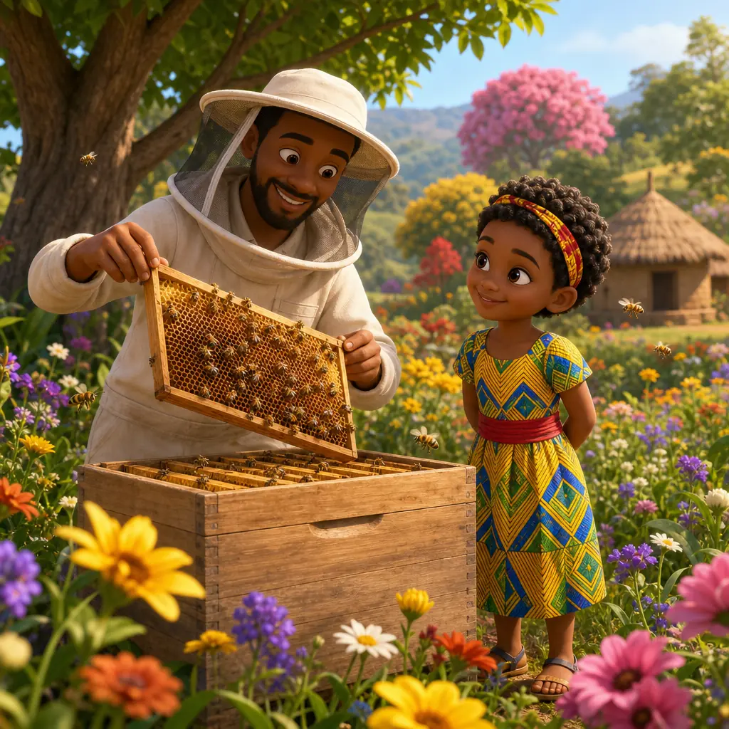 Eunice an der Seite ihres Papas, schaut warmherzig zu, wie die Bienen von Blüte zu Blüte fliegen