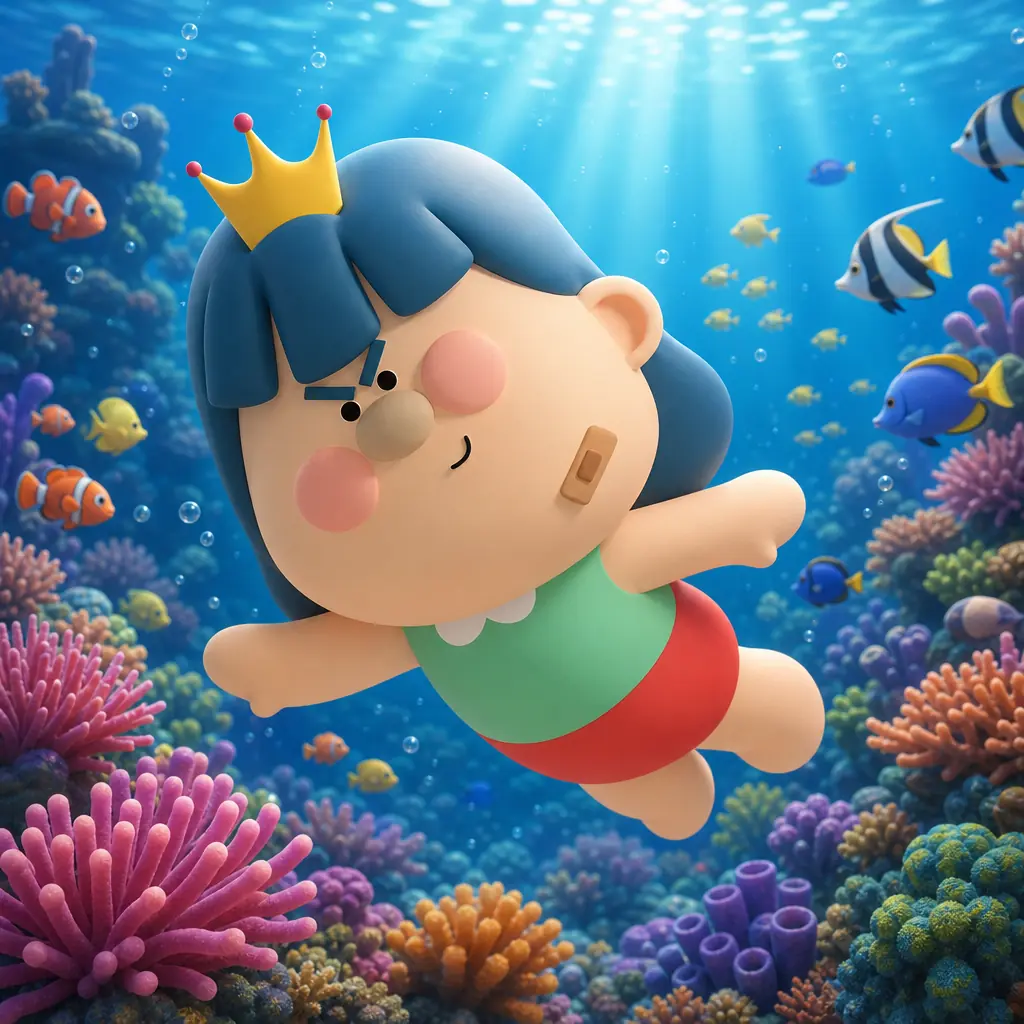 Didi nuota meravigliata in un bellissimo fondale marino pieno di coralli colorati e banchi di pesci