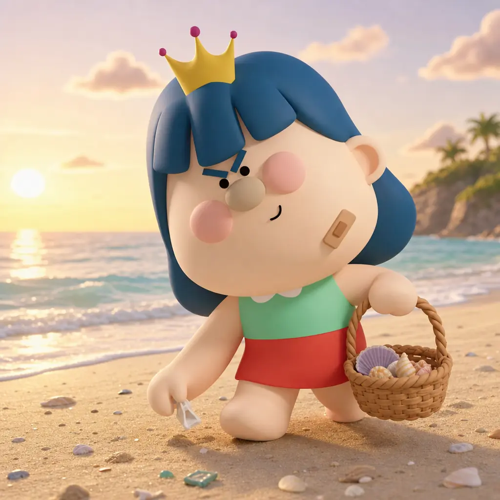 Didi e la sua famiglia camminano sulla spiaggia raccogliendo insieme belle conchiglie e rifiuti durante un'attività di beachcombing