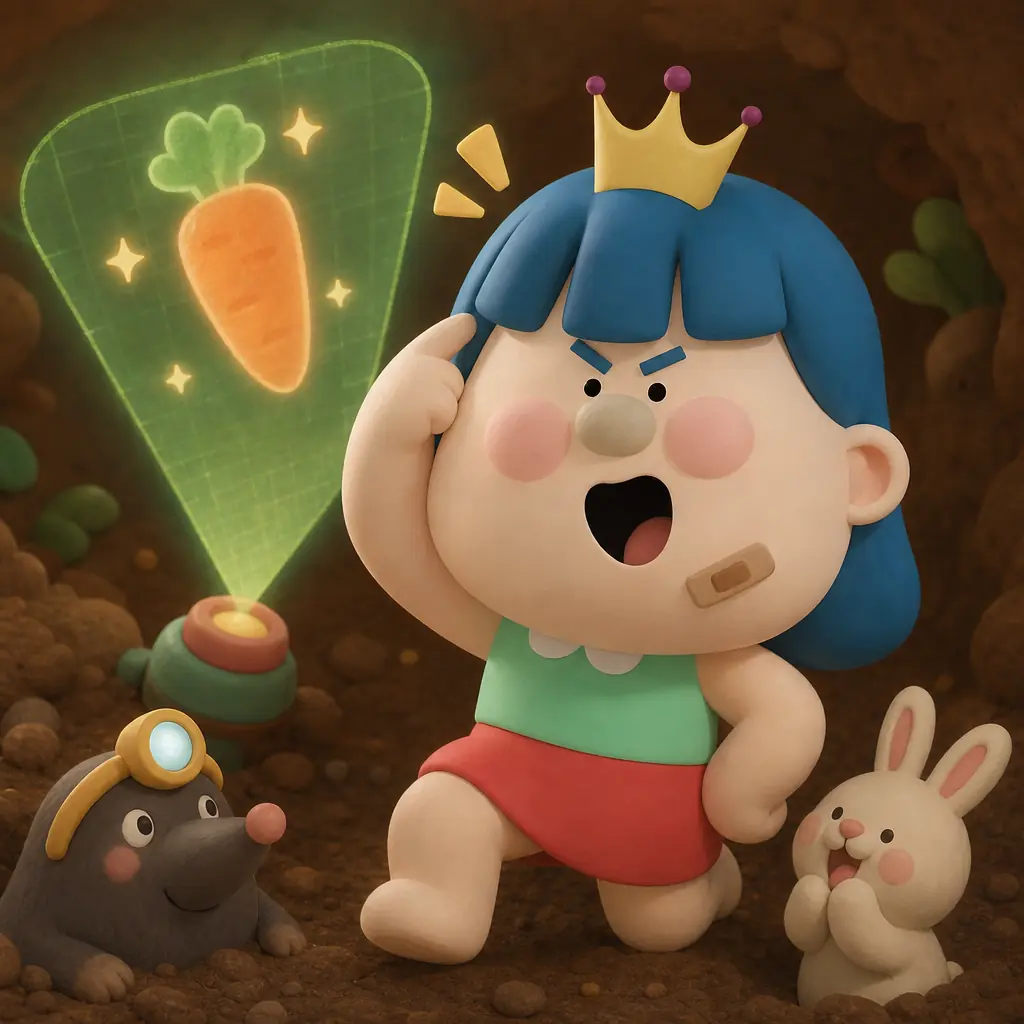 당근이 뿌리라는 걸 깨닫고 깜짝 놀라며 무릎을 탁 치는 디디