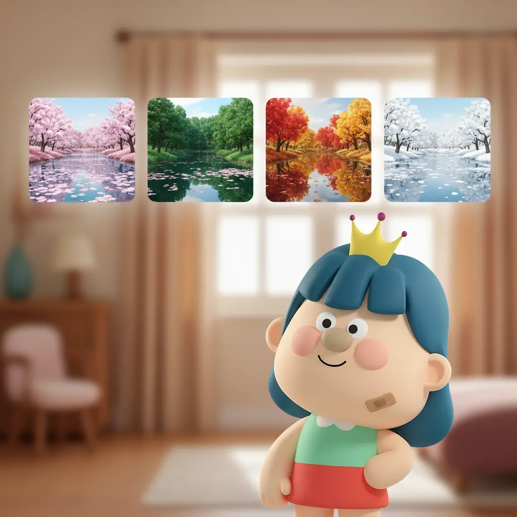 AR-Bildschirm der vier Jahreszeiten, auf dem derselbe See in Frühling, Sommer, Herbst und Winter in verschiedenen Farben zu sehen ist
