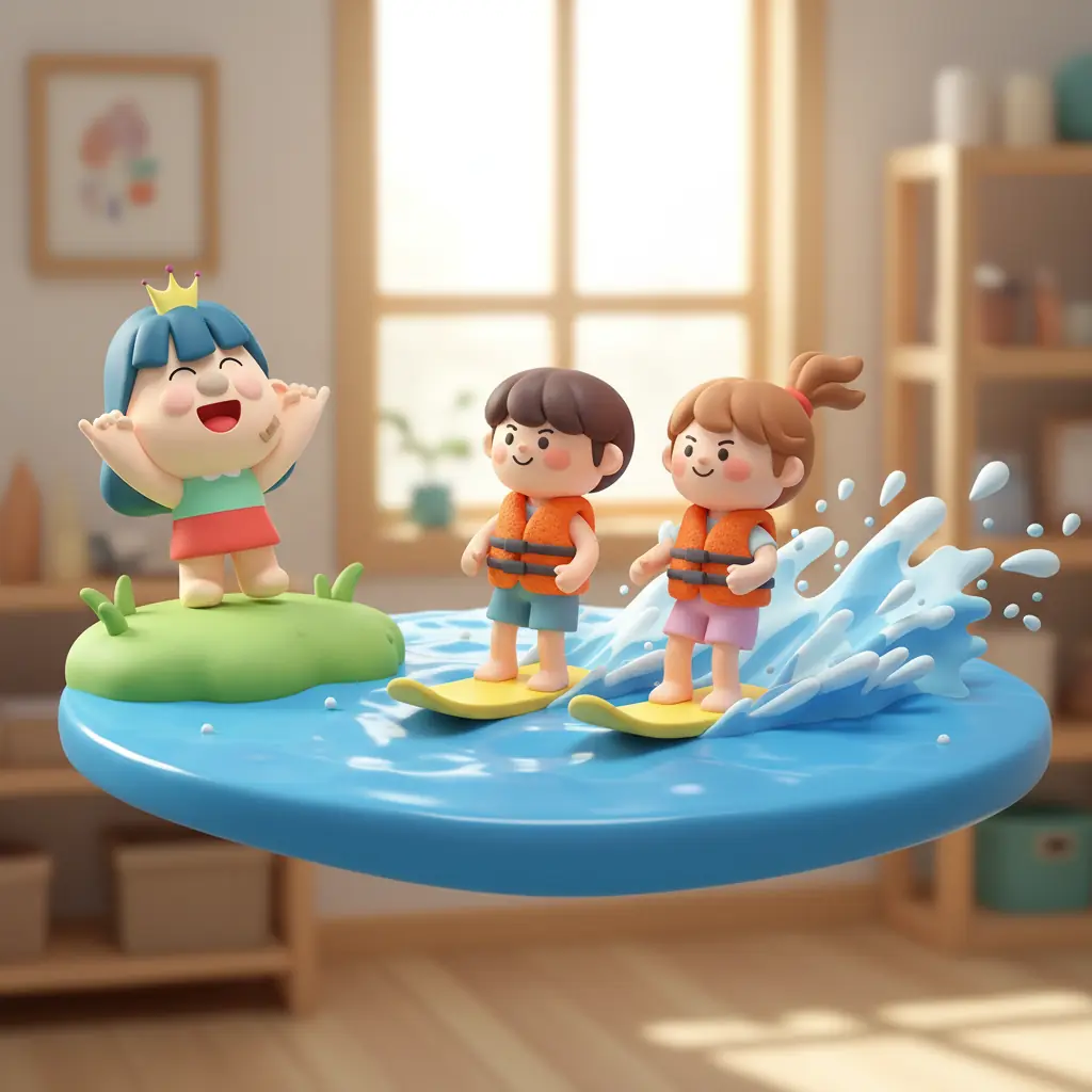 Didi schaut begeistert zu, wie Cheongho und Juho Wasserski fahren und Wasserfontänen aufspritzen