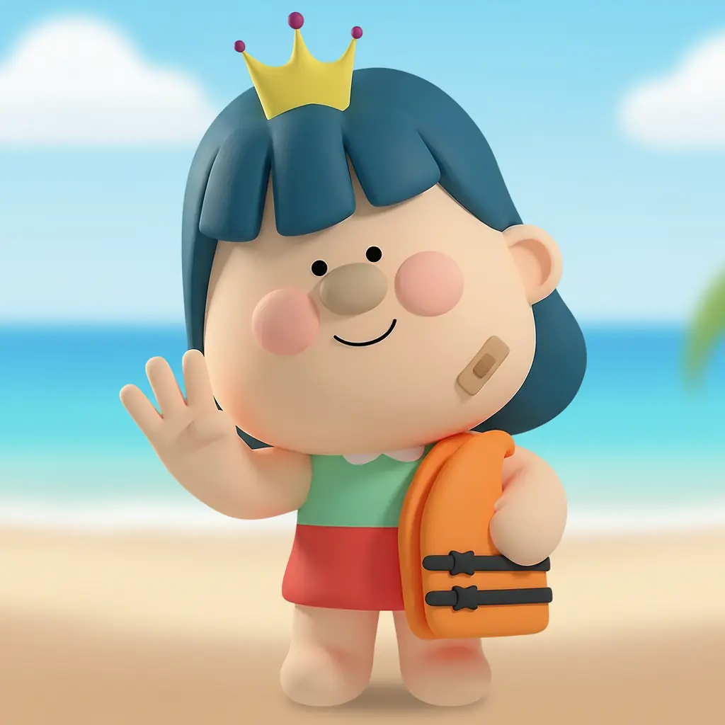 Didi hält eine Schwimmweste und streckt vier Finger aus, während sie das Versprechen für das Wasserspielen gibt