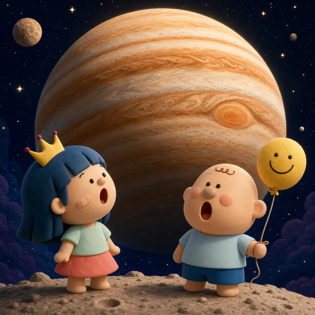 Didi a Banggu s otevřenou pusou vzhlížejí k obrovskému Jupiteru s výraznými pruhy