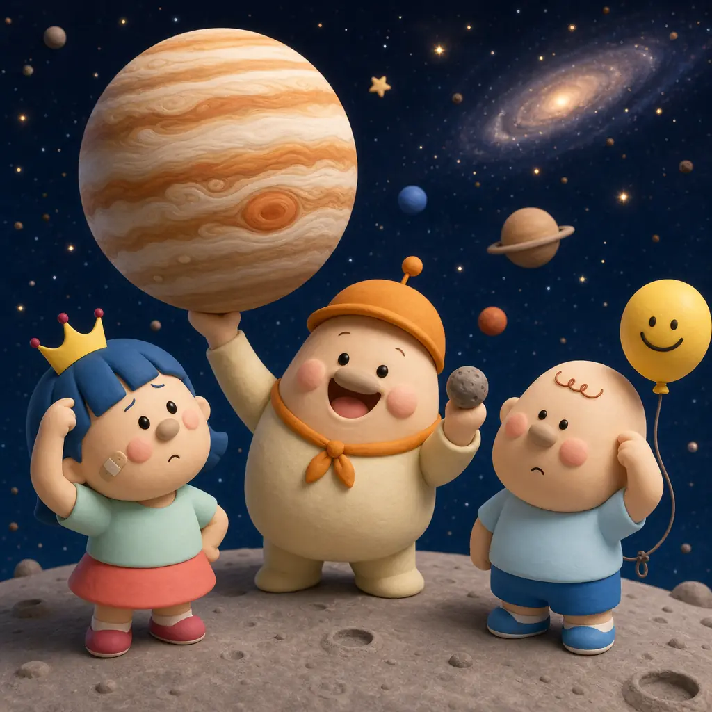 Popo vynáší verdikt a v každé ruce drží na ukázku největší Jupiter a nejmenší Merkur, zatímco Didi a Banggu se škrábou na hlavě