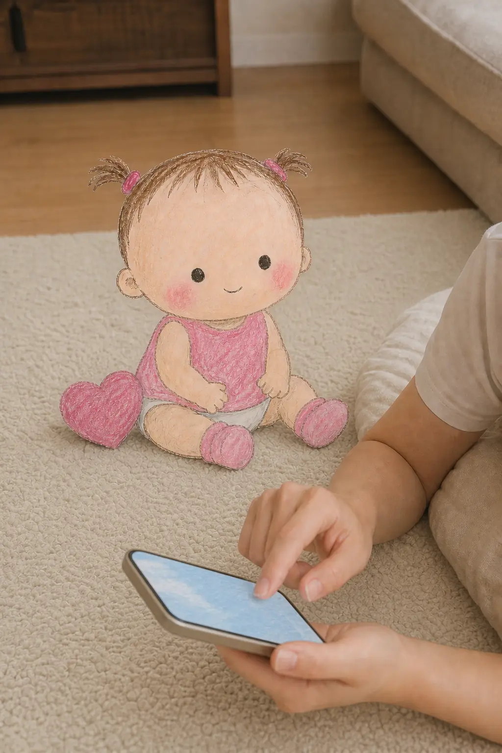 Miminko Kongkong sleduje ruku dospělého, jak používá telefon