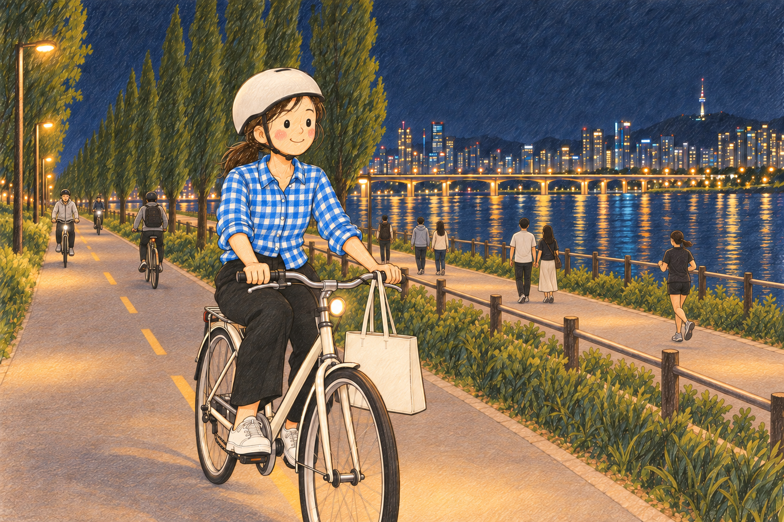 La strada notturna lungo il fiume Han percorsa in bicicletta tornando dal lavoro, da Cheongdam verso Jamsil